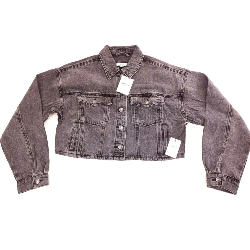 Forever 21 Women's Cropped Denim Jean Jacket Size L Washed Black Jean Jacket